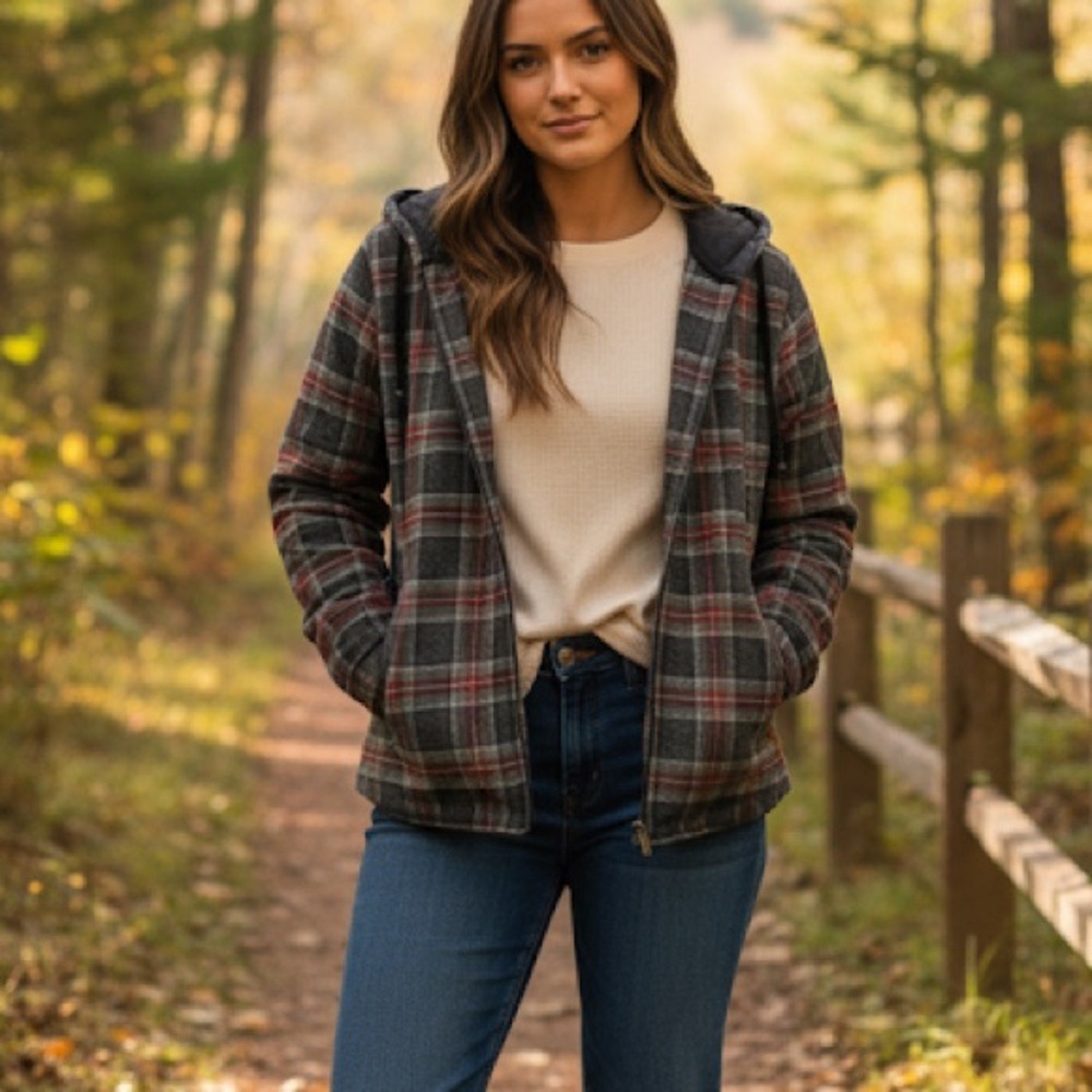 L.L. Bean Relaxed Fit Scotch Plaid Flannel Full Zip Hooded Jacket M Gorpcore